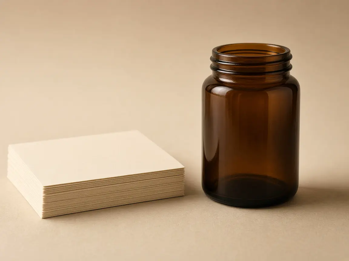 A stack of blank labels beside an unlabeled amber jar.