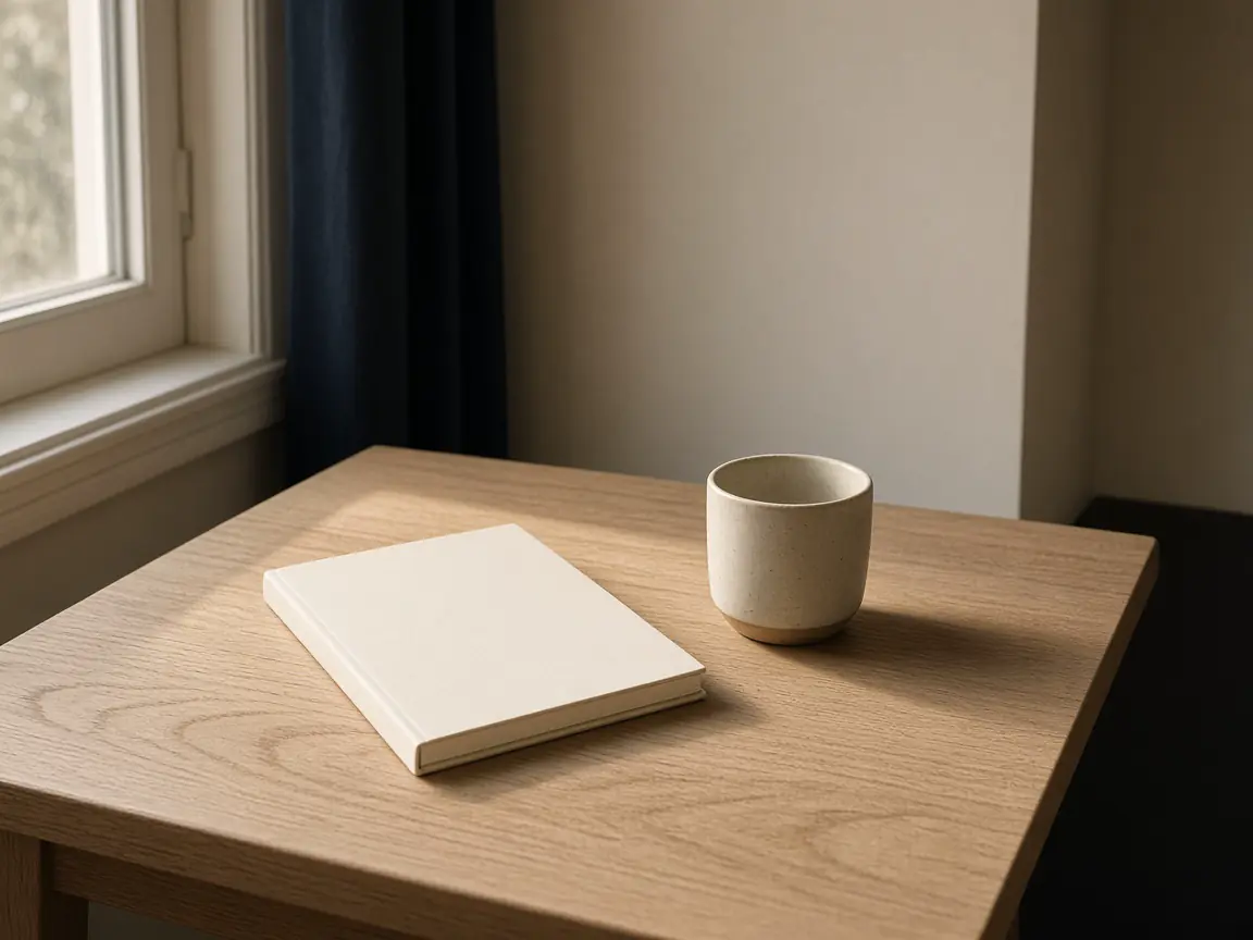 A closed notebook and a cup on a wood table by a window.