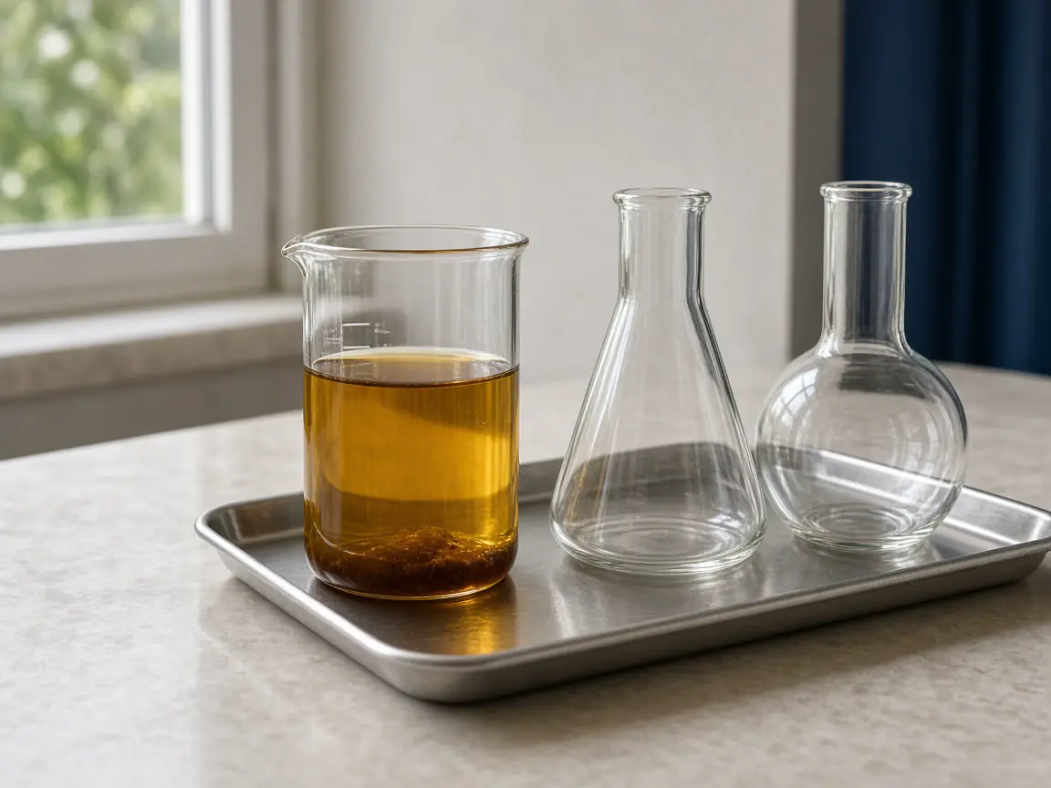 A beaker of cannabis extract on a steel tray with empty laboratory glass.