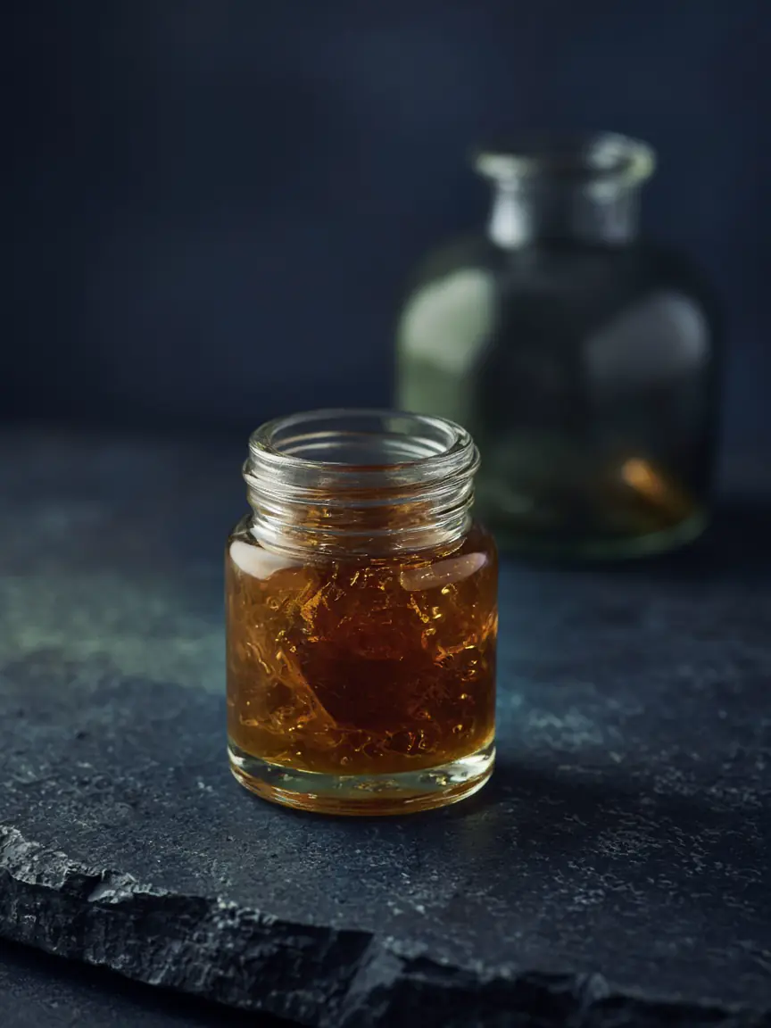 Amber cannabis extract in an open glass jar on a dark bench.