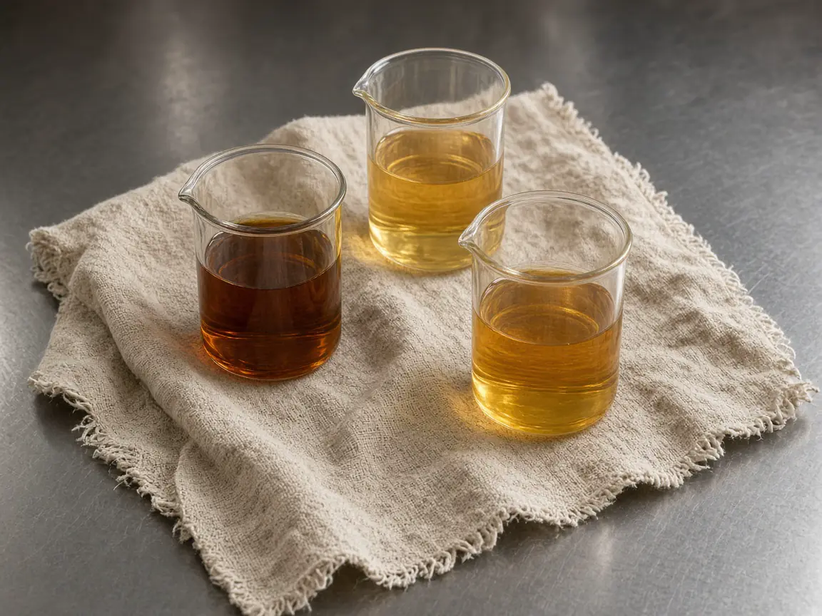 Three beakers of cannabis oil on a linen cloth.