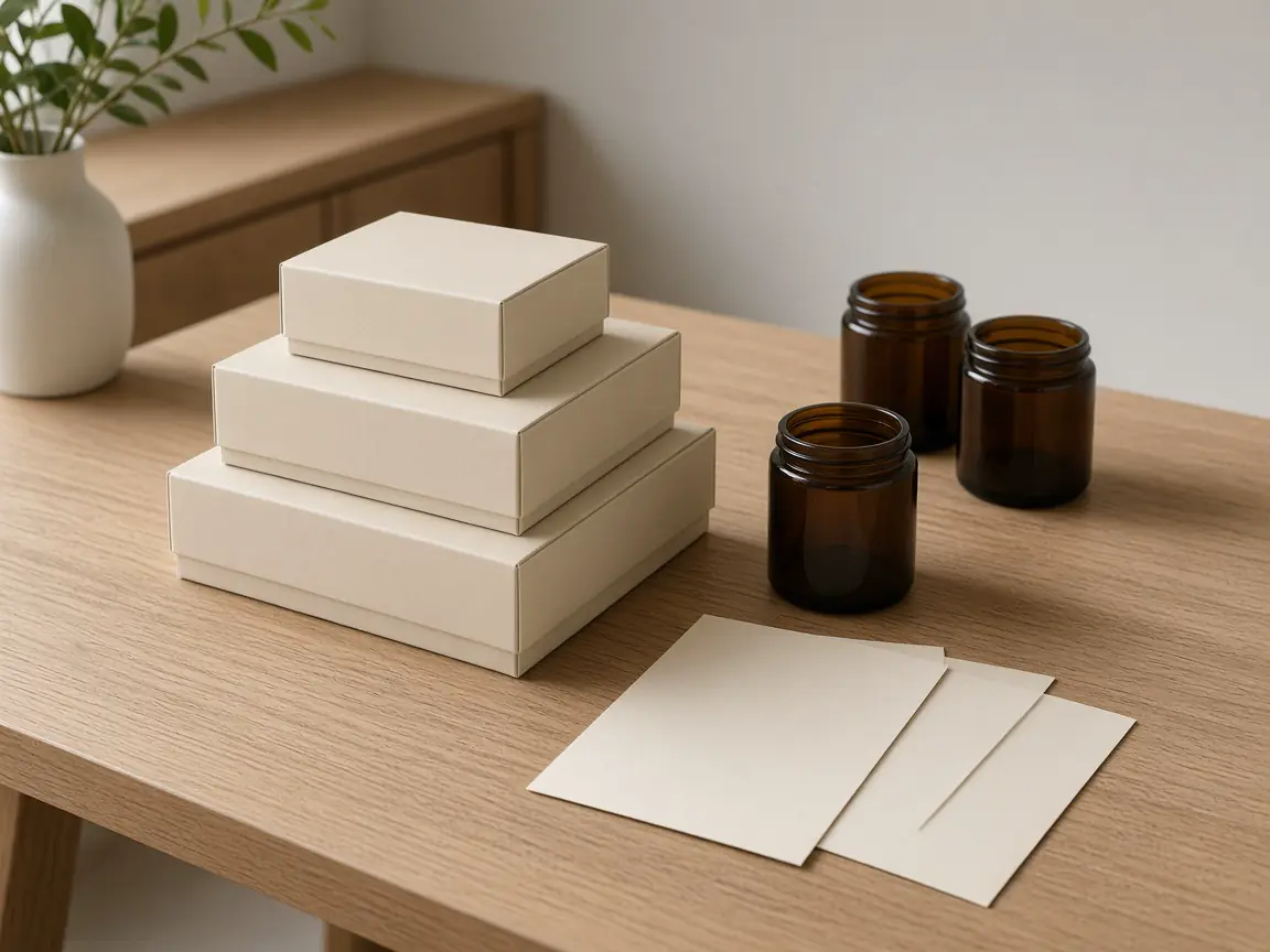 Plain boxes, blank paper, and unlabeled amber jars on a wood table.