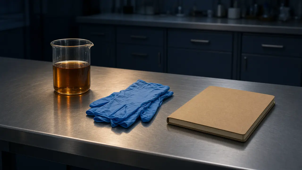 A clean bench with a beaker of extract, unused gloves, and a closed notebook.